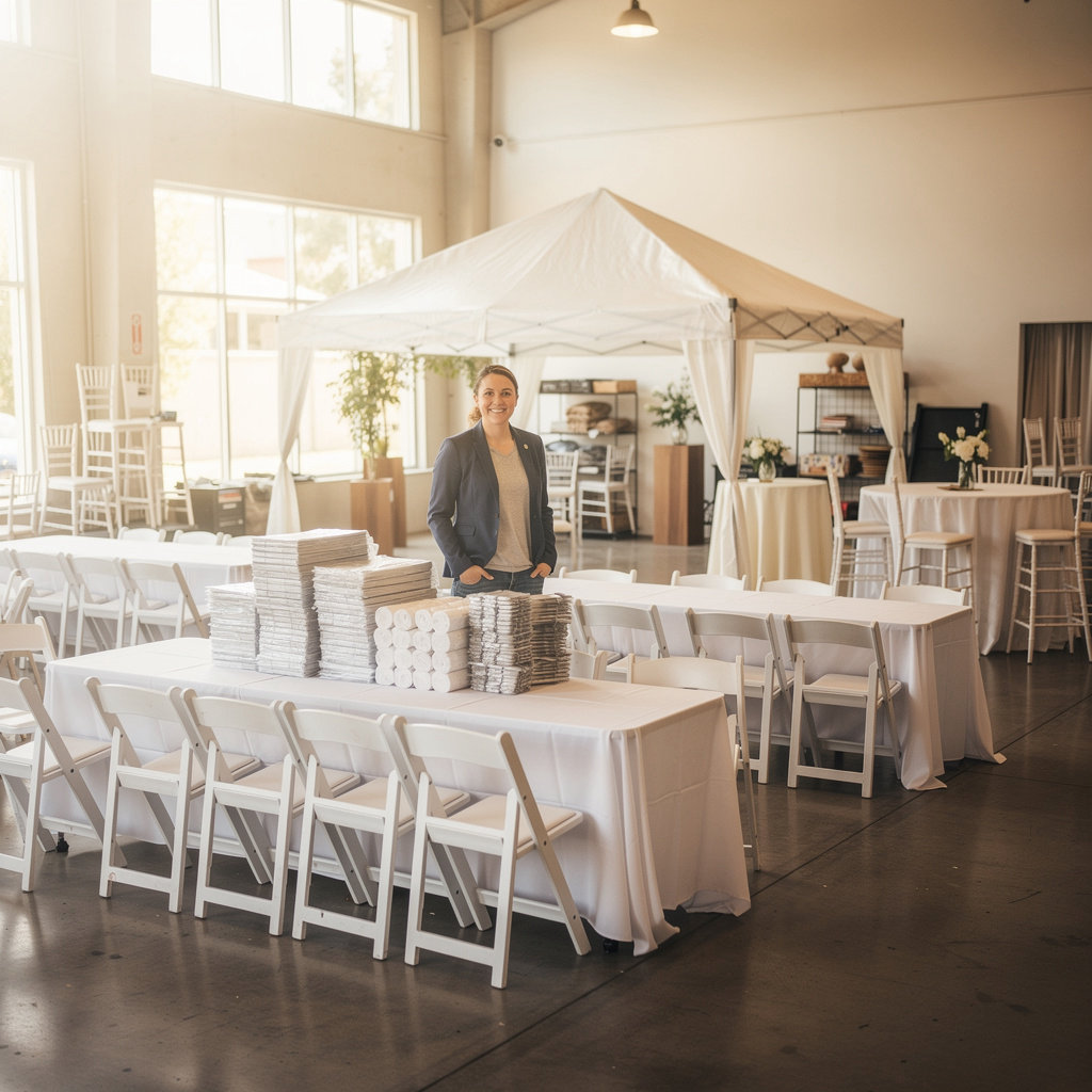 California Celebration Rental LLC party rental inventory including tents, chairs, and tables for Santa Maria events