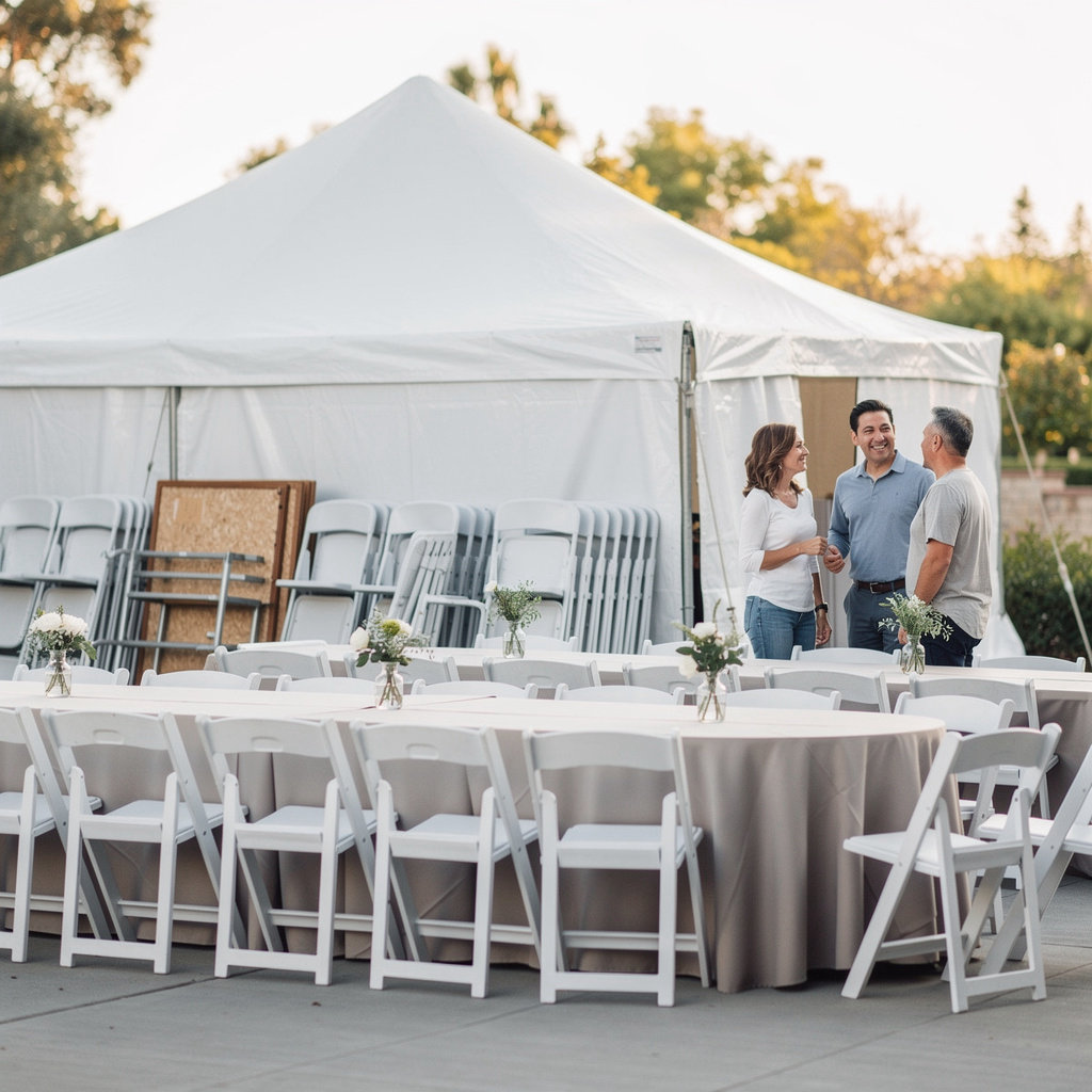 California Celebration Rental LLC party setup with tents, chairs, and tables for a Santa Maria event
