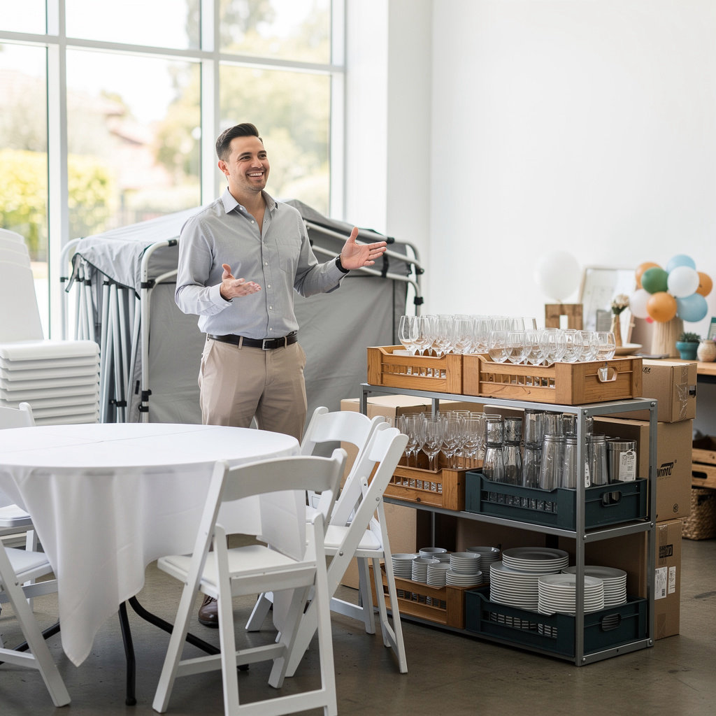 California Celebration Rental LLC team setting up a beautiful event tent and tables in Santa Maria, CA